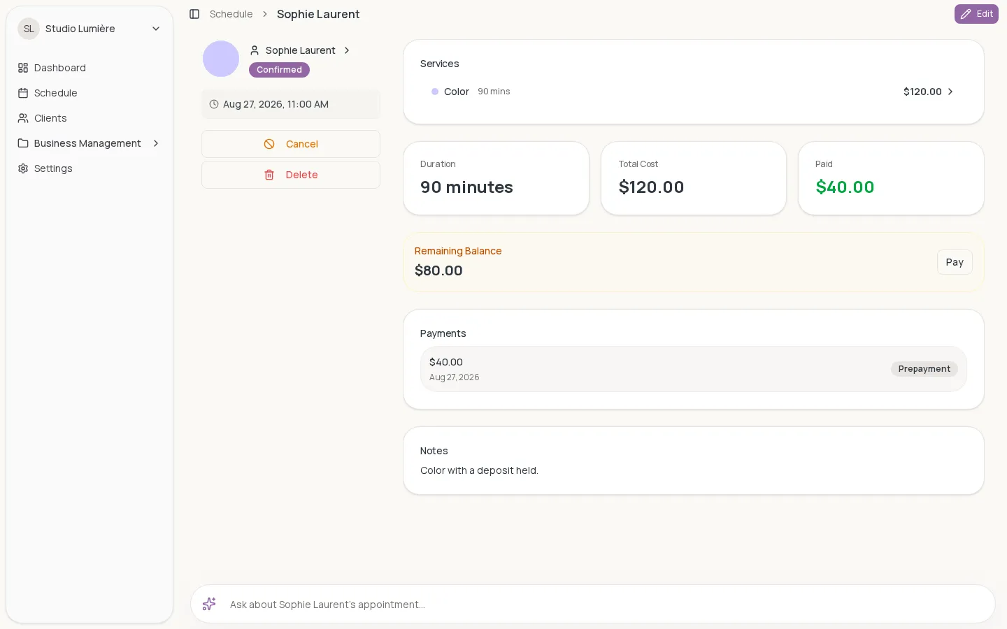 An appointment with a recorded deposit and remaining balance